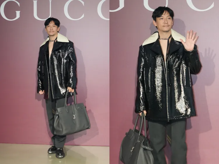 金馬影帝張震身著漆面羊毛大衣15萬2500元、條紋印花真絲領結2萬700元、Jackie大型托特包22萬3400元。彭欣偉攝