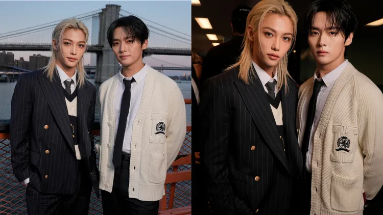 Felix（左圖左、右圖左）、Lee Know（左圖右、右圖右）現身TOMMY HILFIGER春夏大秀。品牌提供