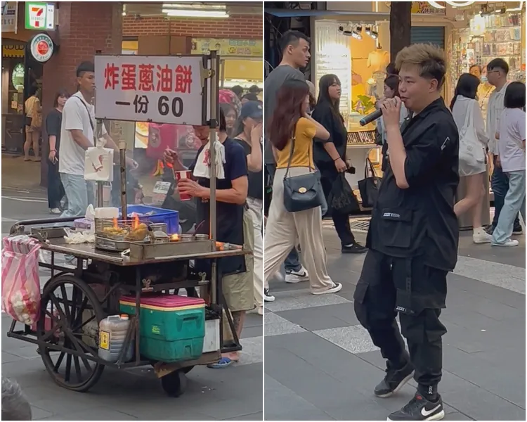 街頭藝人哈士奇（右圖）唱Rap調侃「炸蛋蔥油餅」攤販遭炎上而道歉。讀者提供