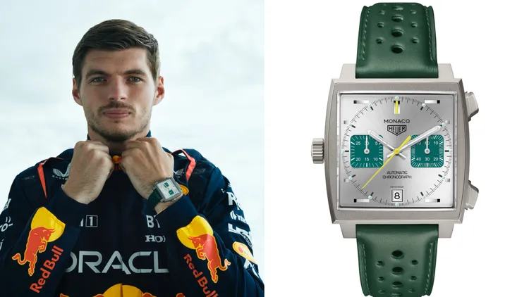 泰格豪雅Monaco計時腕錶賽車綠限量版，39mm，2級鈦金屬錶殼，銀色放射狀太陽紋磨砂錶面，賽車款綠色穿孔小牛皮錶帶，Calibre 11自動上鍊機芯，防水深度100米，限量1000只，30萬6200元。品牌提供
