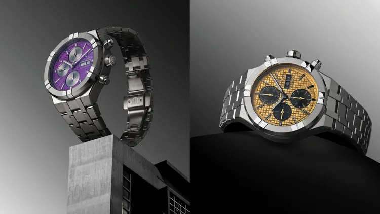 AIKON Titanium Chronograph自動計時碼錶，44mm，磨砂和拋光鈦金屬錶殼，紫/金色錶盤，磨砂和拋光5列式鈦金屬錶鍊，ML112，動力儲存48小時，防水深度200米，各16萬元。品牌提供
