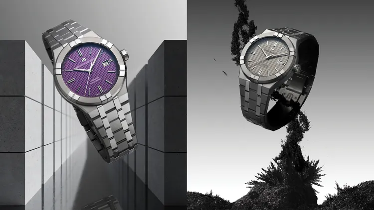 AIKON Titanium自動腕錶，42mm，鈦金屬錶殼，紫/灰色錶盤，5列式鈦金屬錶鍊，ML115機芯，動力儲存38小時，防水深度200米，各10萬8000元。品牌提供
