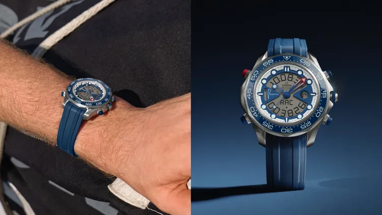 OMEGA海馬Regatta腕錶，46.75mm，鈦金屬錶殼，灰色錶盤，橡膠錶帶，歐米茄5701石英機芯，防水深度50米，24萬5000元。品牌提供