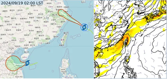 今(19)日2时中央气象署「路径潜势预测图」显示,第14号轻台「葡萄桑」向西北西、已进入东海。另一热带低压今将发展成第15号轻台「苏力」,预测偏西进行(左图)。最新(18日20时)欧洲模式(ECMWF)22日20时模拟图显示,「季风低压」通过台湾(右图)。(右图撷自tropical tidbits)气象应用推广基金会