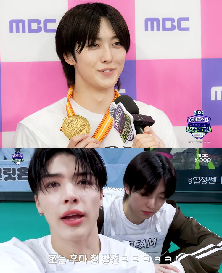 FUMA（下圖右）累到錄影打瞌睡，但上場後拿到男子60公尺及400公尺接力賽金牌。翻攝MBC