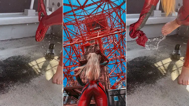 ぐりこ扮成明日香在大熱天拍攝，結果橡膠裝內全是汗水。翻攝自ぐりこX