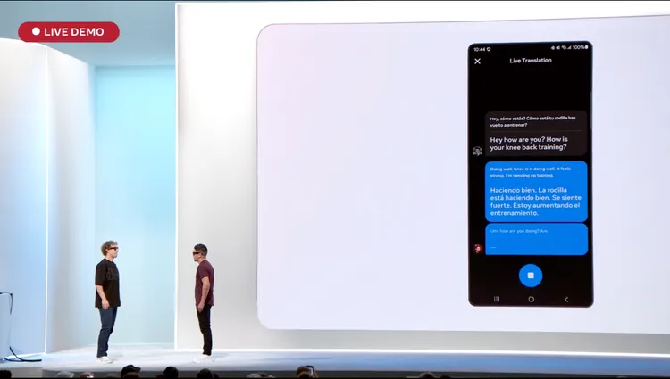 透過Meta AI能支援即時翻譯。當對方說話時，翻譯後的語言後透過「Orion」的揚聲器在耳朵旁播放。翻攝Meta官網