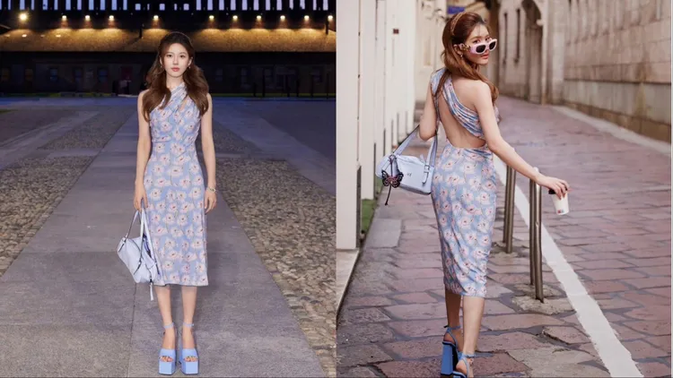 趙露思穿著淡藍色連衣裙搭配同色系的Versace Tag包。品牌提供