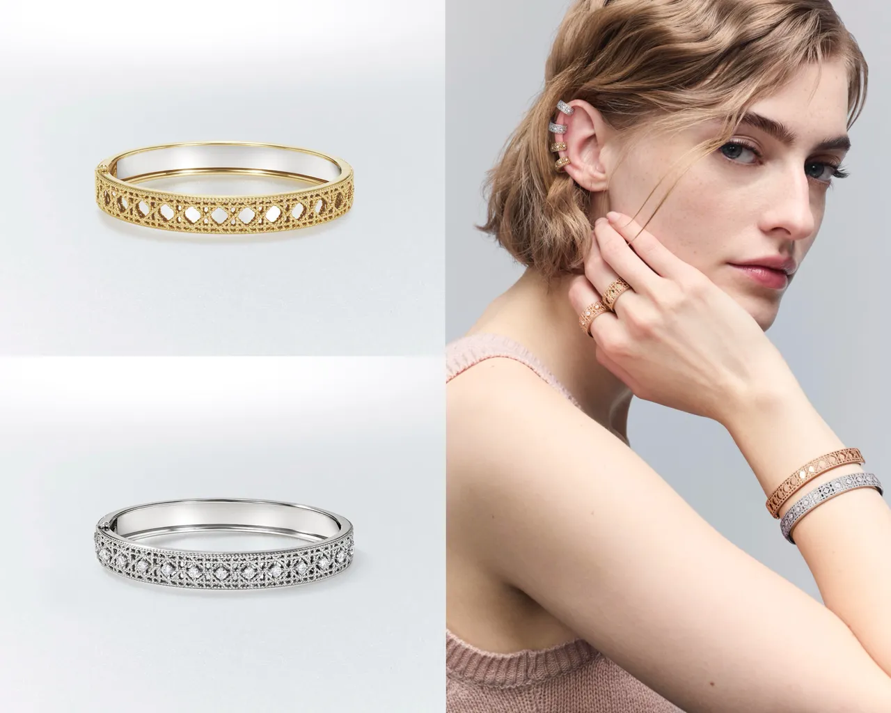 My Dior 18K金手環（左上）32萬5000元、My Dior 18K白金鑲鑽手環（左下）105萬元。品牌提供