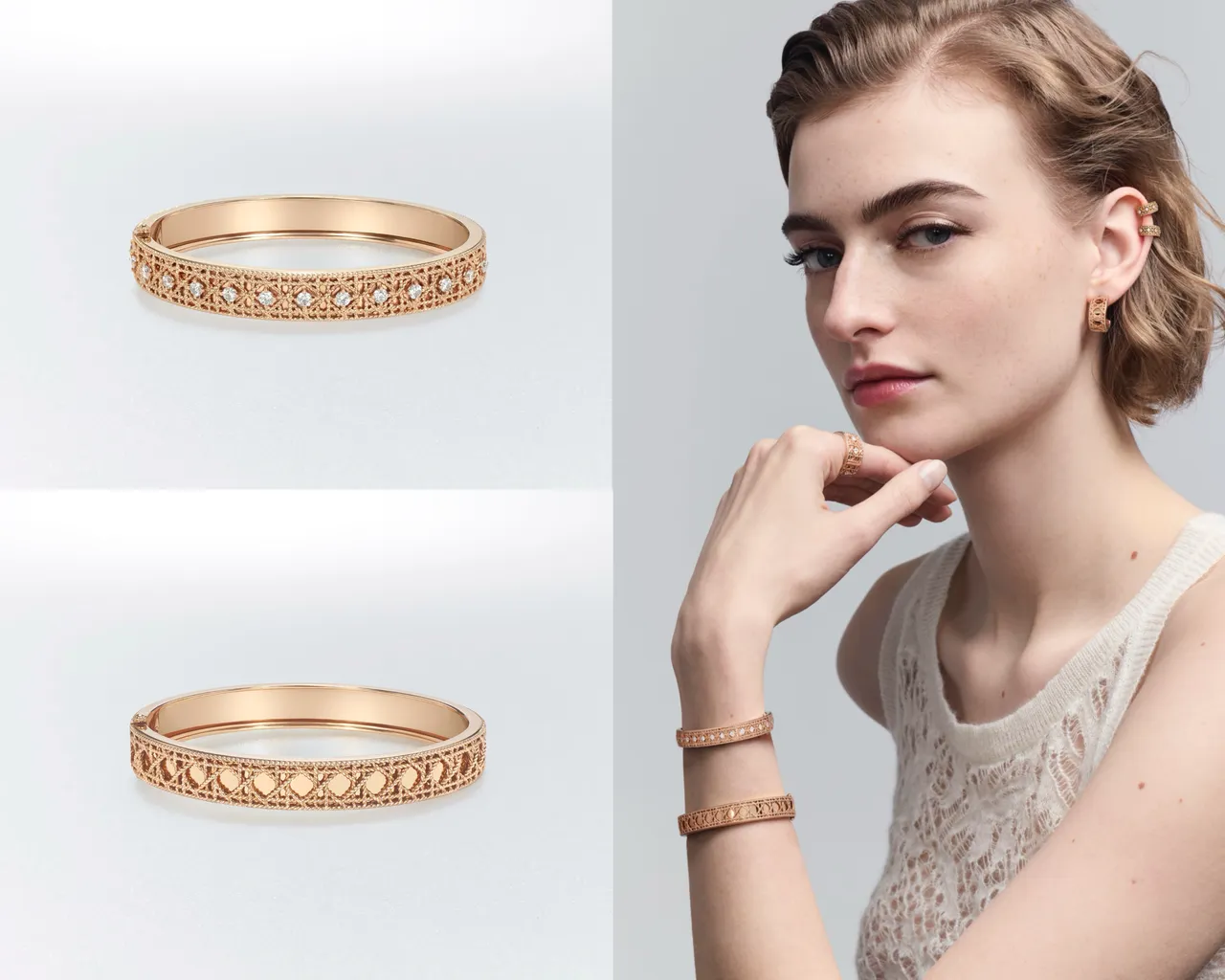 My Dior玫瑰金鑲鑽手環（左上）97萬元、My Dior玫瑰金手環（左下）31萬5000元。品牌提供