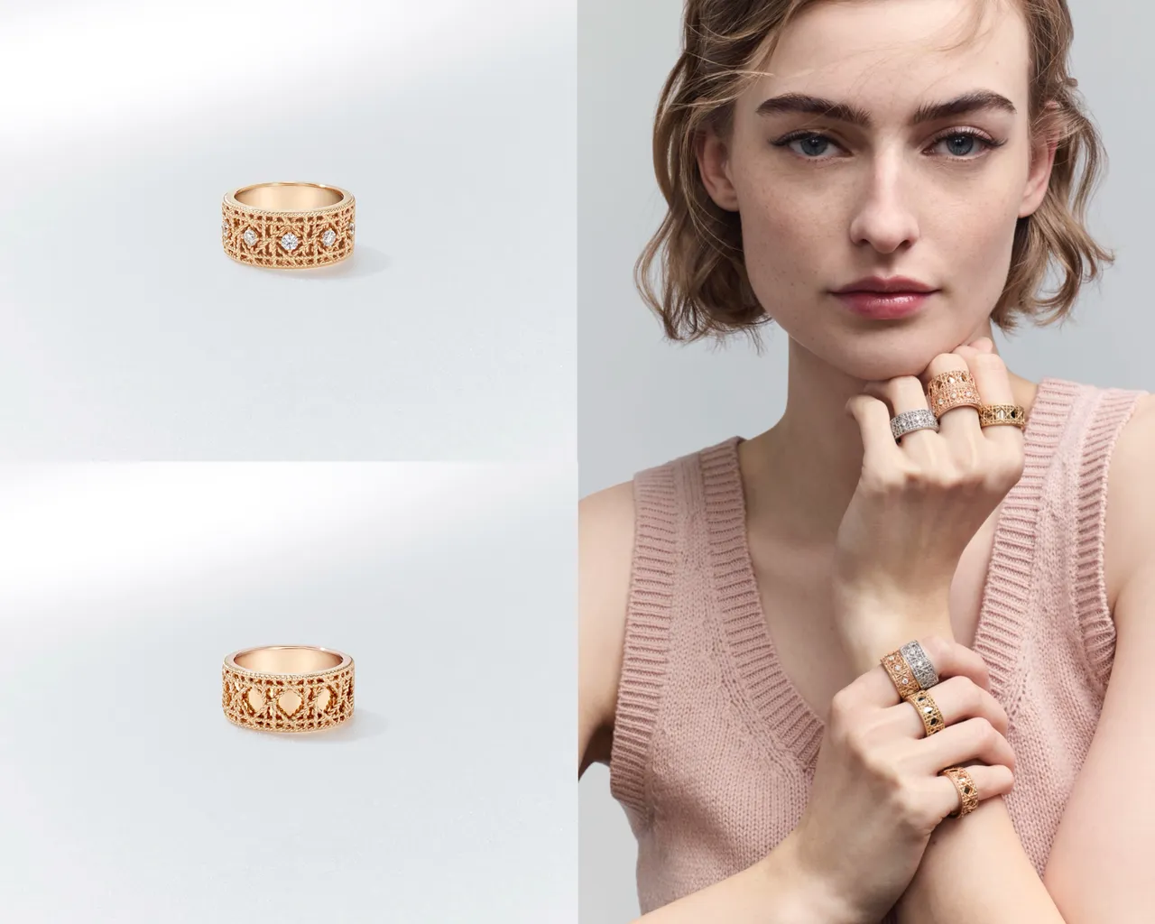 My Dior玫瑰金鑲鑽戒指（左上）31萬元、My Dior玫瑰金戒指（左下）10萬9000元。品牌提供