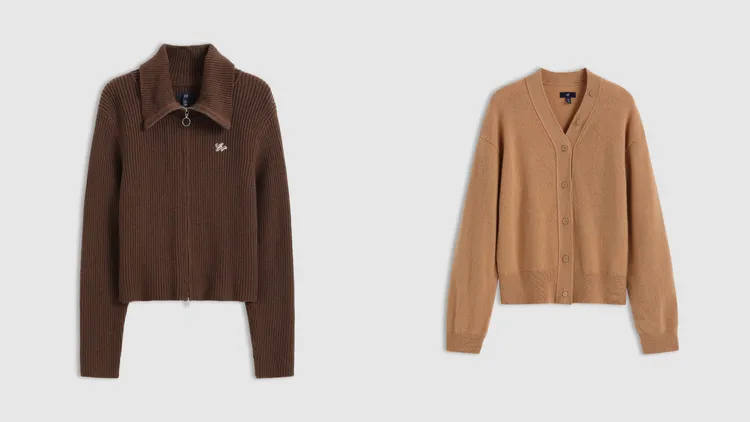 Gap女裝Logo翻領短款針織上衣（左）1999元、開襟針織外套（右）2999元。品牌提供
