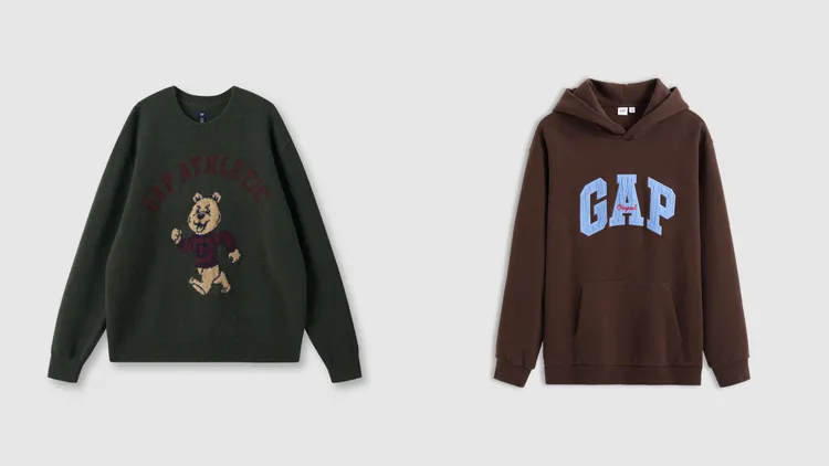 Gap男裝布萊納小熊針織毛衣（左）、連帽長袖上衣（右），各1999元。品牌提供