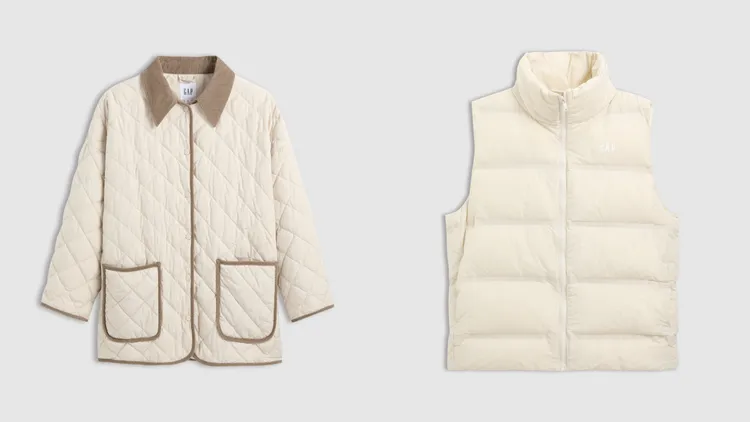 Gap女裝翻領拚色菱紋鋪棉外套（左）3999元、背心外套（右）2999元。品牌提供