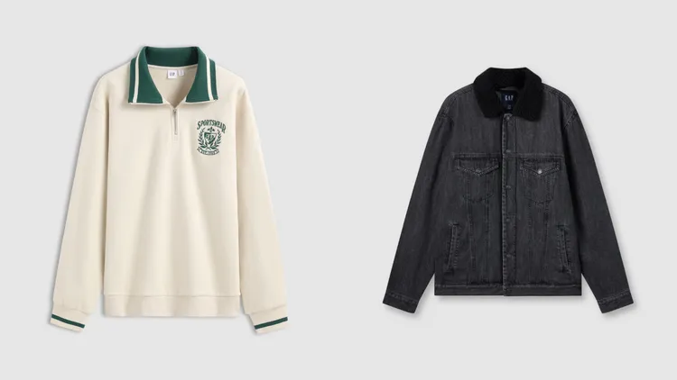 Gap男裝復古翻領學院風上衣（左）1699元、經典毛領牛仔外套（右）2999元。品牌提供