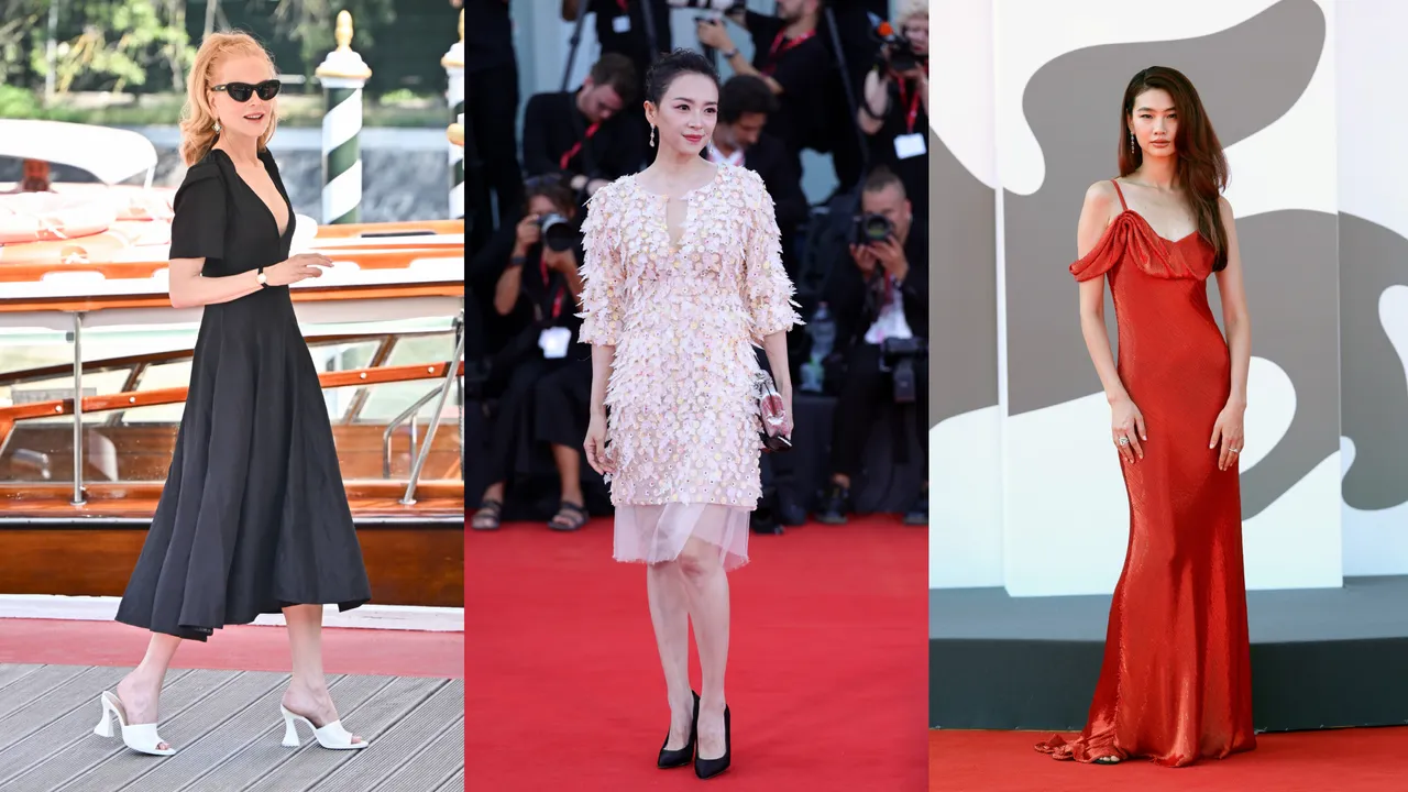 妮可基嫚（左起）、章子怡、鄭好娟，各自身著BOTTEGA VENETA、香奈兒、LV服飾現身威尼斯影展。品牌提供