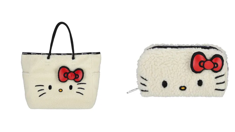 Hello Kitty「甜心好朋友」大型雙面托特包（左）7200元、「甜心好朋友」長型化妝包（右）2450元。品牌提供