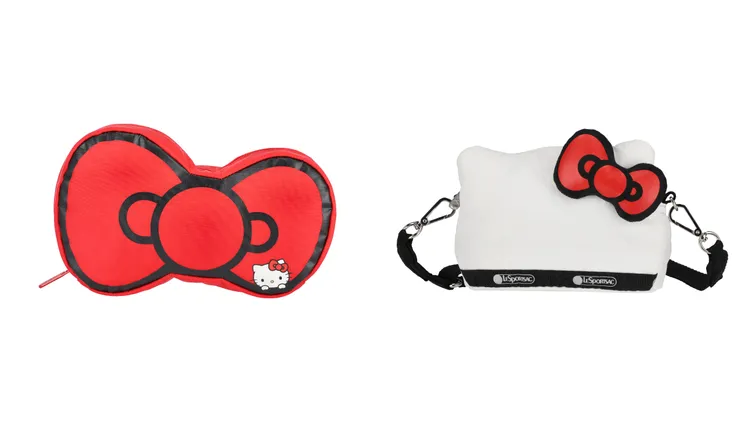 Hello Kitty蝴蝶結手拿包（左）3850元、Hello Kitty時尚萌主斜背包（右）4600元。品牌提供