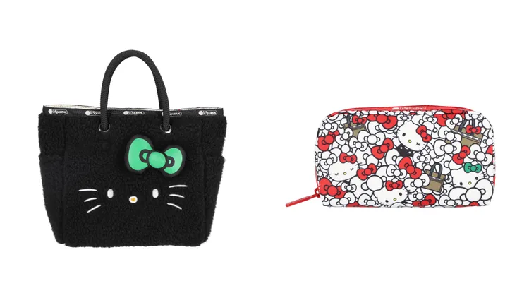Hello Kitty「甜心好朋友」中型雙面托特包（左）5100元、Hello Kitty「百變衣櫥」長型化妝包（右）2450元。品牌提供