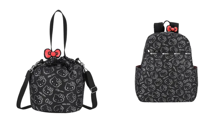 Hello Kitty「巨星風采」束口水桶包（左）6500元、「巨星風采」日常通勤後背包（右）7500元。品牌提供