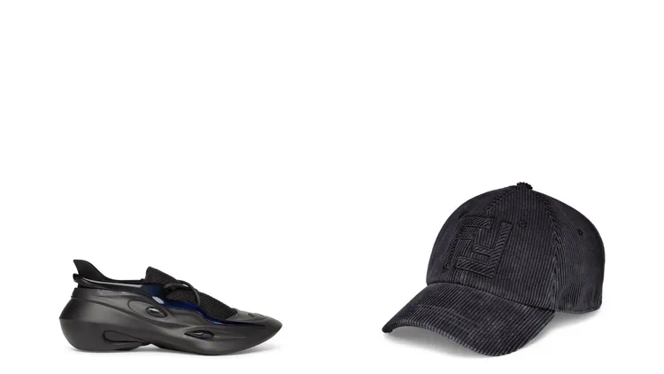 FENDI MAD流線型休閒鞋（左）3萬9800元、深藍色燈芯絨棒球帽（右）2萬1400元。品牌提供