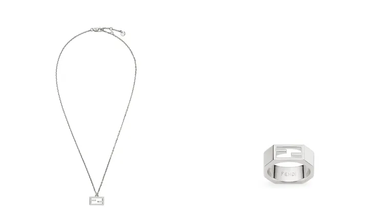 FENDI FF LOGO項鍊（左）1萬4200元、FF LOGO戒指 （右）1萬1900元。品牌提供