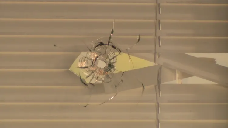 賀錦麗亞利桑那競選辦公室在23日晚間遭槍擊，窗戶上留有彈孔。翻攝自12 News