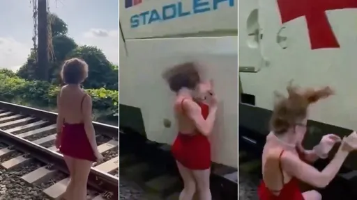 驚悚影片｜辣妹裸背合體鐵軌拍IG照　不甩火車鳴笛結果GG了