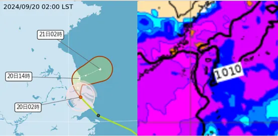 今(20)日2時中央氣象署「路徑潛勢預測圖」顯示，「葡萄桑」通過上海附近，往蘇北前進、將迴轉出海、減弱為熱帶低壓(左圖)。最新(19日20時)歐洲模式(ECMWF)22日20時模擬圖顯示，大「季風低壓環流」形成雨帶通過台灣(右圖)。氣象應用推廣基金會
