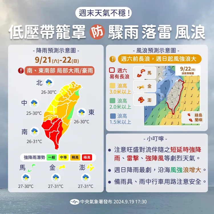 週末天氣示意圖。氣象署提供