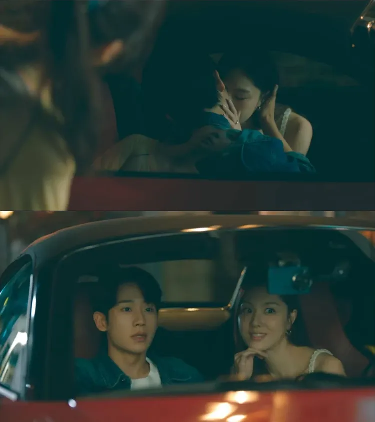 徐智慧（下圖右）在《媽媽朋友的兒子》客串丁海寅的舊愛，2人在回憶戲中激吻，被庭沼珉發現。翻攝Netflix