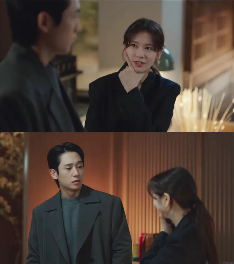 庭沼珉（上圖）引用《經常請吃飯的漂亮姐姐》，以「經常做飯給你吃飯的漂亮姐姐」自稱，遭丁海寅打槍「不要侮辱孫藝真」。翻攝Netflix