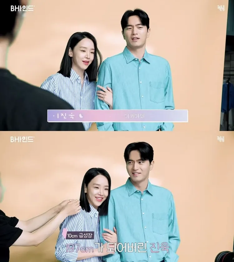 申惠善身高172公分，連185公分的李陣郁站在一旁都嫌自己太矮，還拿箱子墊成2公尺巨人。翻攝YouTube