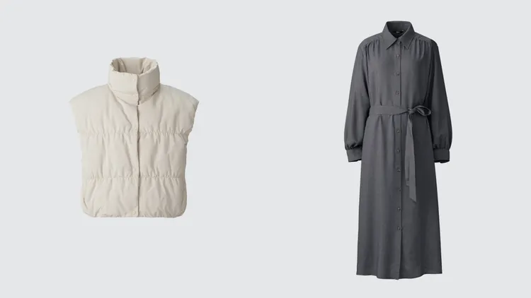 UNIQLO : C女裝羽絨短版背心（左）1690元、附腰帶襯衫式洋裝（右）1490元。品牌提供