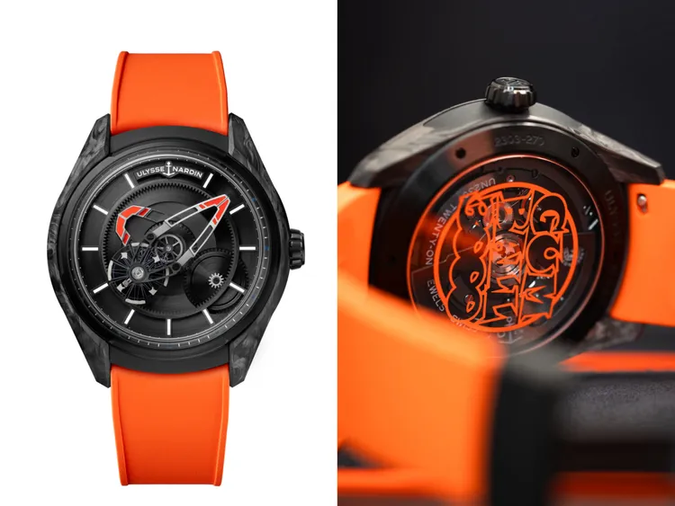 雅典錶Freak X奇想腕錶Gumball 3000紀念版，43mm，黑色DLC鍍層緞面打磨鈦金屬錶殼，橙色Delugs雅典錶專用橡膠錶帶，UN-230自製自動上鍊機芯，動力儲存72小時，防水深度50米，限量150只。品牌提供
