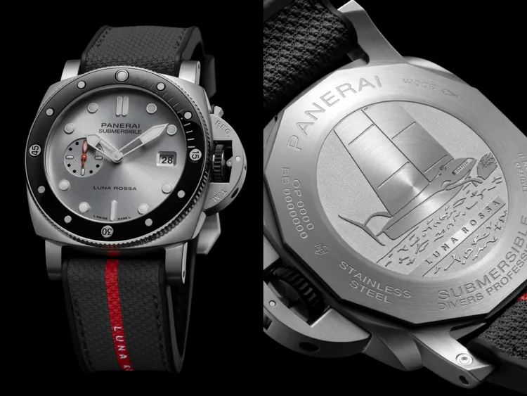 沛納海Submersible QuarantaQuattro Luna Rossa (PAM01681) 腕錶，44mm，AISI 316L磨砂精鋼錶殼，銀色太陽放射紋錶盤，雙材質橡膠與灰色織物錶帶，P.900自動上鍊機械機芯，動力儲存3日，防水深度300米，限量137只，37萬2000元。品牌提供
