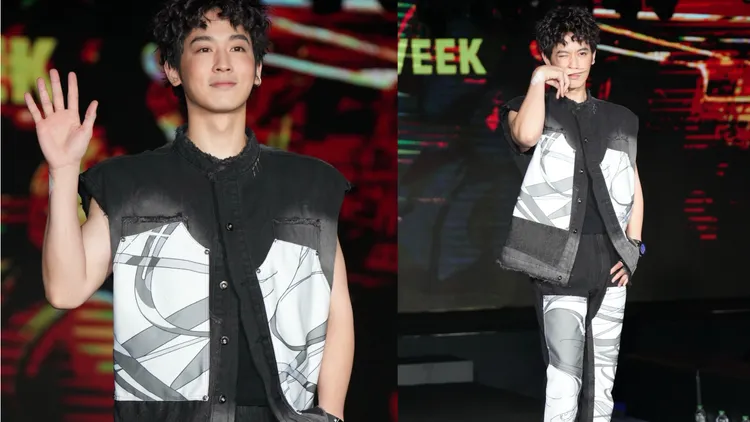 小樂穿著設計師.67ARROW與台灣圖像IP創作者「低級失誤」合作的單寧背心、牛仔長褲。彭欣偉攝