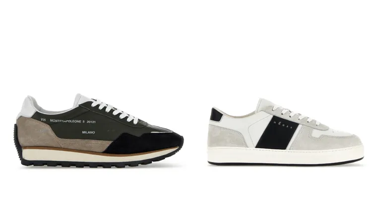 HOGAN 86er軍綠拼接男士休閒鞋（左）2萬1000元、HOGAN H-TV淺灰與深藍皮革男士休閒鞋（右）2萬2000元。品牌提供