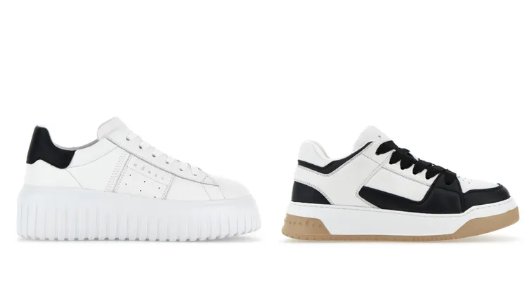 HOGAN H-Stripes白與黑皮革男女同款休閒鞋（左） 2萬1000元、HOGAN Chamallow白色拼接藍色皮革休閒鞋（右）2萬3000元。品牌提供