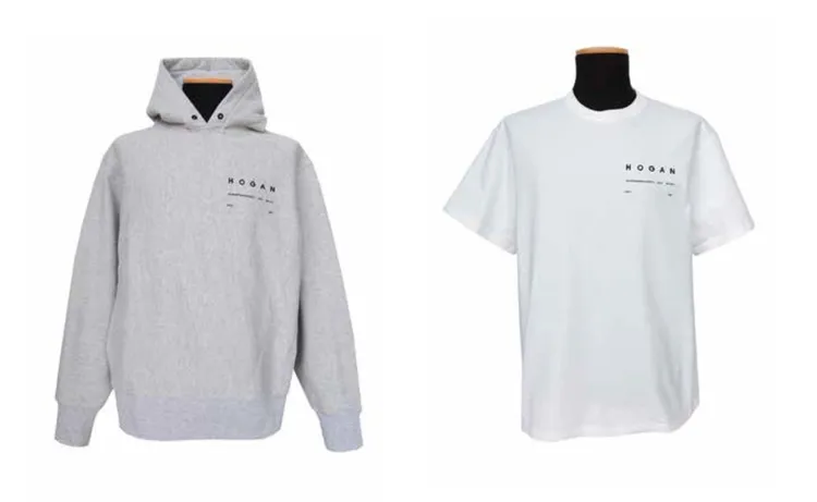 HOGAN米蘭旗艦店地址灰色帽T（左）1萬3000元、HOGAN米蘭旗艦店地址白色T-Shirt（右）7800元。品牌提供