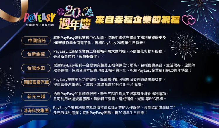 合作企業對PayEasy福利網上線20周年的祝福。業者提供