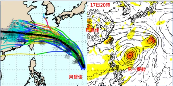 最新(11日20時)歐洲模式(ECMWF)系集50次模擬路徑顯示，部分系集路徑離台很近(左圖)。最新歐洲模式模擬、下週二(17日) 20時「貝碧佳」已在華中，菲律賓東方海面另有擾動發展(右圖)。(左圖擷自weathernerd，右圖tropical tidbits)氣象應用推廣基金會