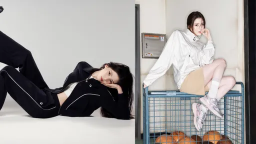 韓素希躺著拍照也美美的~ 還靠腳上FILA銀色復古跑鞋潮一波