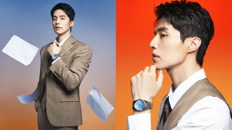 李棟旭以可期色西裝搭配PRX冰河藍漸層自動腕錶。品牌提供