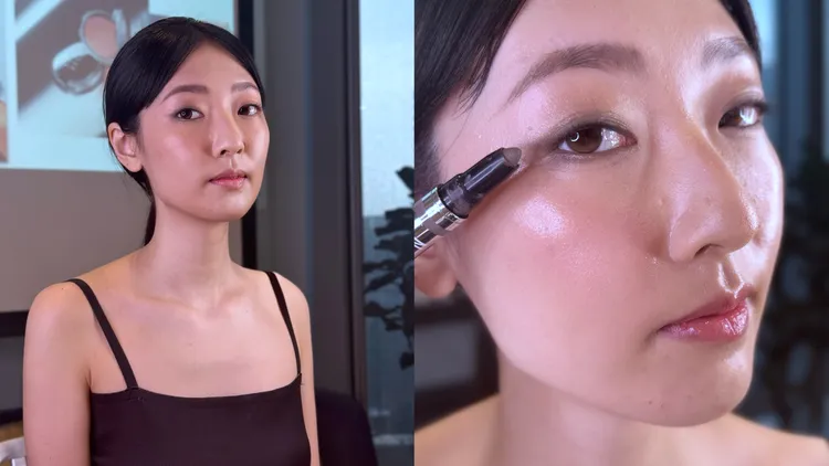 Model示範流雲防水炫彩雙頭眼彩筆，打造個性眼妝。張家玲攝