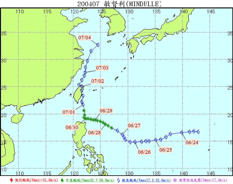 敏督利颱風過去的路徑。翻攝自全球災害事件簿