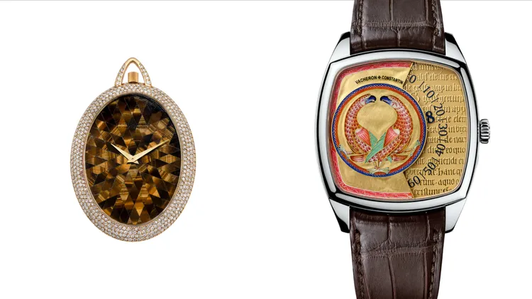 詩丹頓1978年鑲鑽黃金橢圓垂式錶款（左圖）、2015年藝術大師Savoirs enlumunés白金錶款（右圖）。品牌提供
