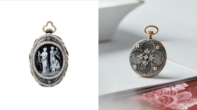 江詩丹頓1909年金雕垂式錶款（左圖）、1914年鑲嵌寶石的橢圓垂式錶款（右圖）。品牌提供