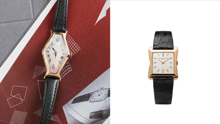 江詩丹頓1918年女用黃金菱形錶款（左圖）、1955年方形黃金錶款（右圖）。品牌提供
