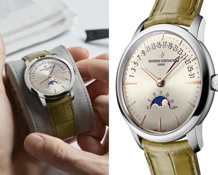 江詩丹頓Patrimony月相逆跳日曆腕錶，42.5mm，18K白金錶殼，古銀色旭日紋錶盤，橄欖綠密西西比鱷魚皮錶帶，2460 R31L自動上鍊機械機芯，動力儲存40小時，防水深度30米。品牌提供
